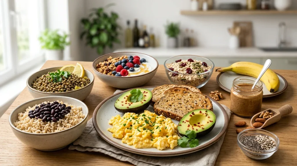 Nutrient-dense foods including nuts avocado oats eggs yogurt rice and fruit
