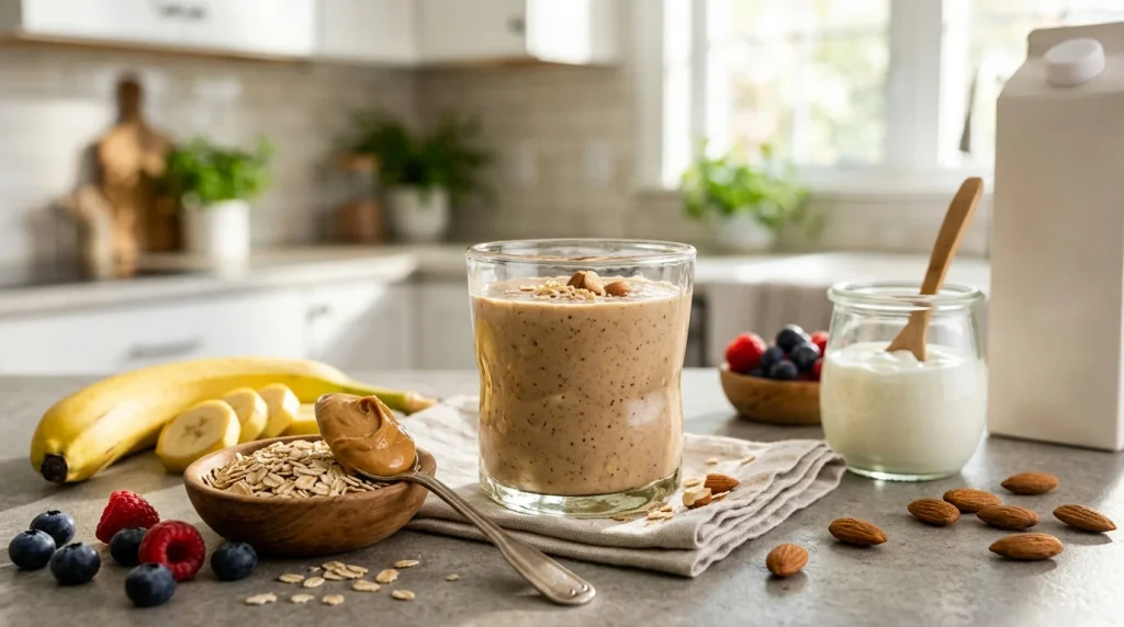 Nutrient-rich smoothie made with banana oats yogurt milk and nut butter