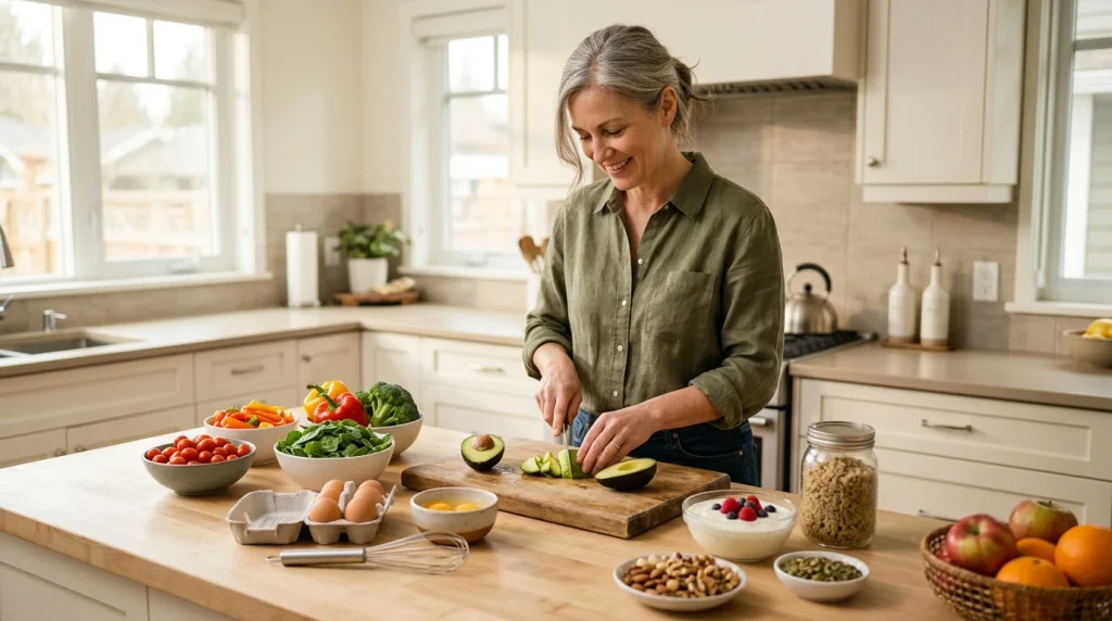 Woman in her 40s preparing a balanced meal with vegetables, protein and whole grains