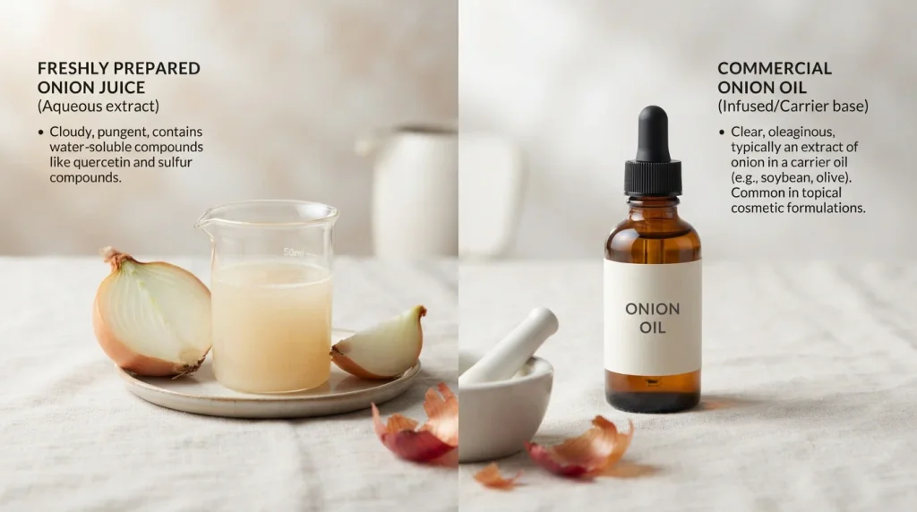Educational comparison showing fresh onion juice separately from commercial onion oil for hair-care use.