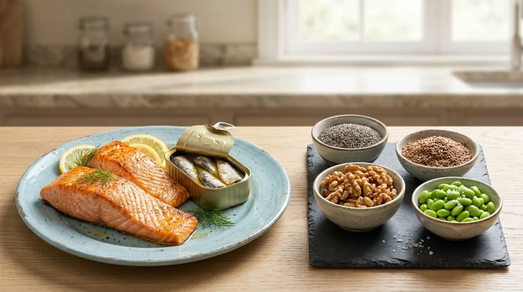Salmon, sardines, chia seeds, flaxseeds and walnuts as omega-3 food sources