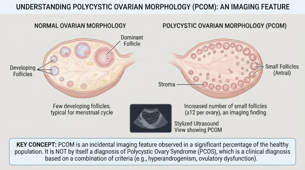 Illustration of ovarian follicles representing polycystic ovarian morphology PCOM