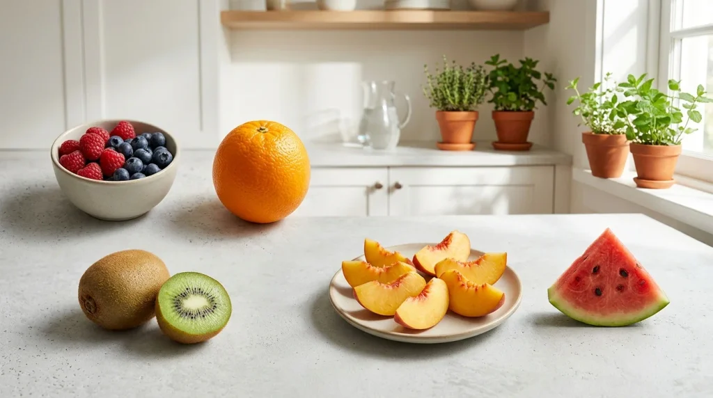 Moderate portions of whole fruit including berries, orange, kiwi, and peach