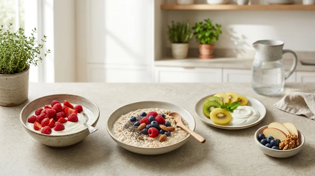 Yogurt with berries, oatmeal with strawberries, and fruit served with nuts