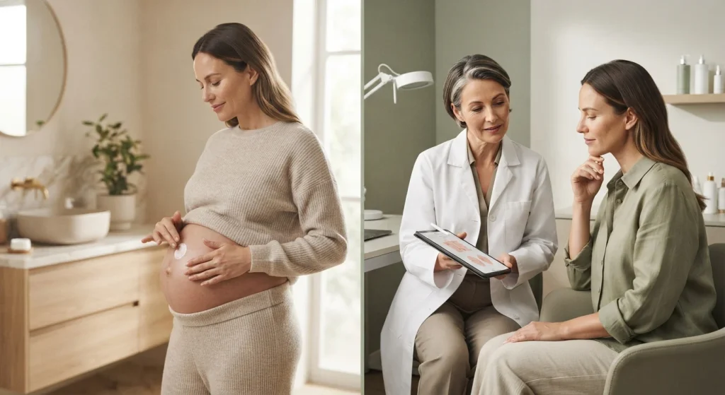 Comparison of gentle pregnancy skincare during pregnancy and professional care after pregnancy