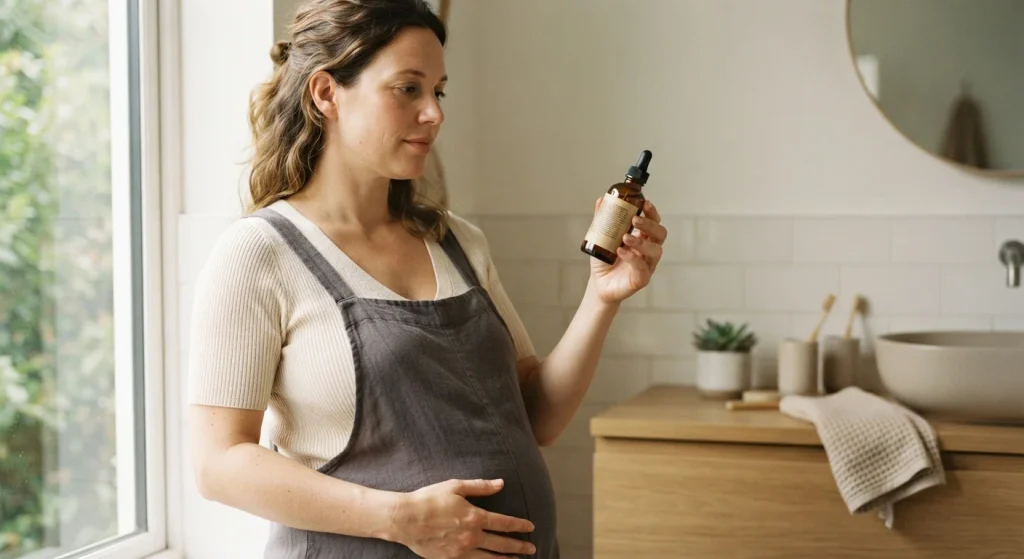 Pregnant woman checking the ingredients on a skincare product