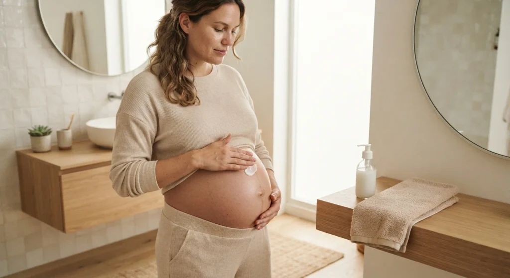 Pregnancy skincare products and moisturizer beside a pregnant woman's abdomen