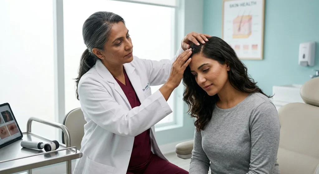 Dermatologist examining a woman's scalp and hair loss pattern