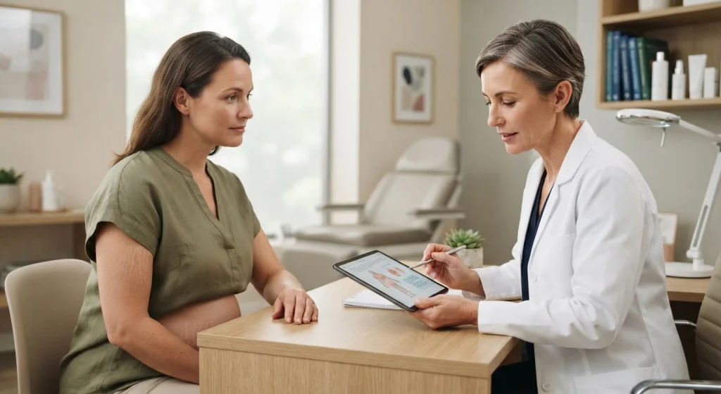 Dermatologist discussing stretch mark treatment options with a patient
