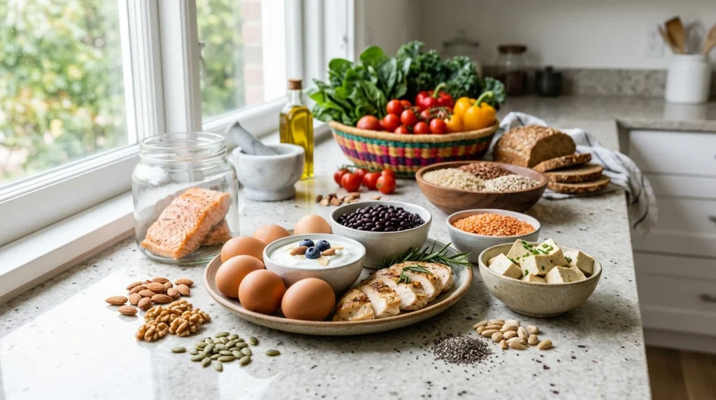 Protein-rich foods including eggs yogurt chicken beans lentils nuts and seeds