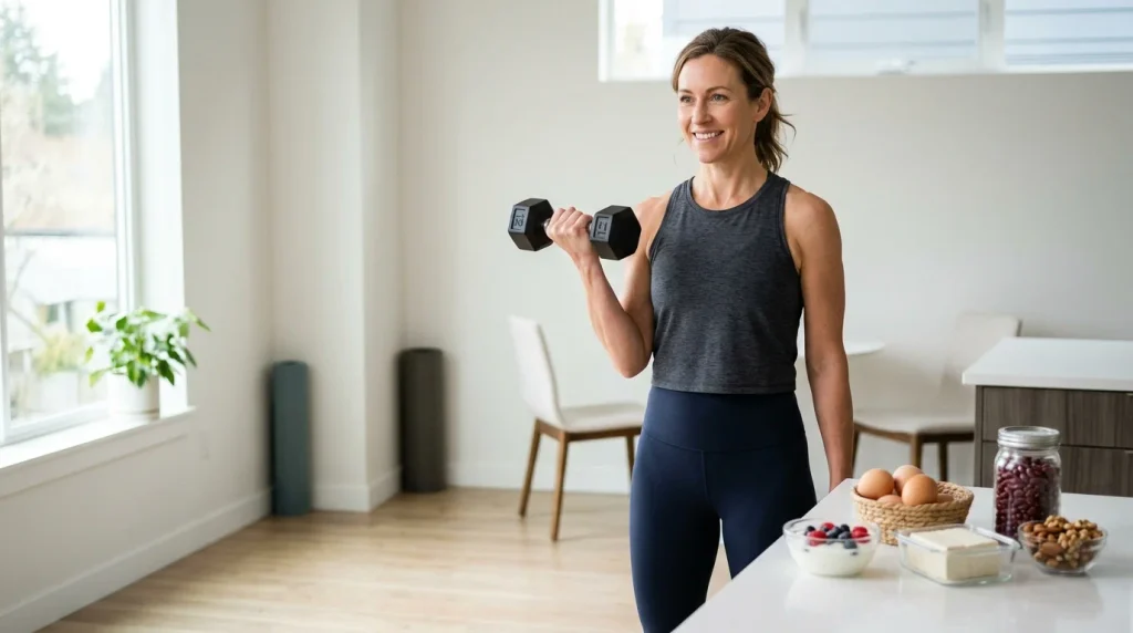 Woman over 40 doing strength exercises with protein-rich foods nearby