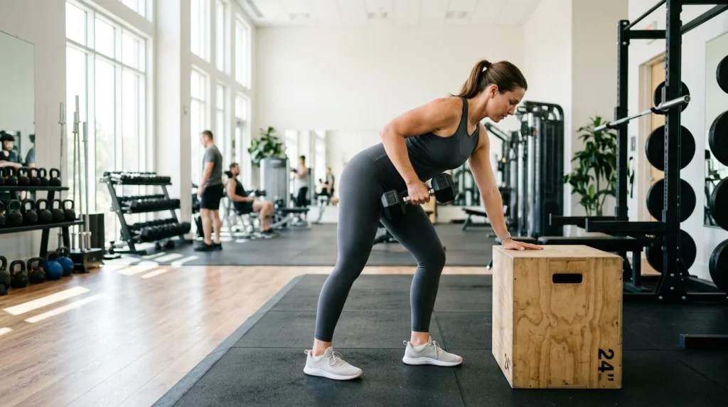 Woman doing resistance training with weights in a gym