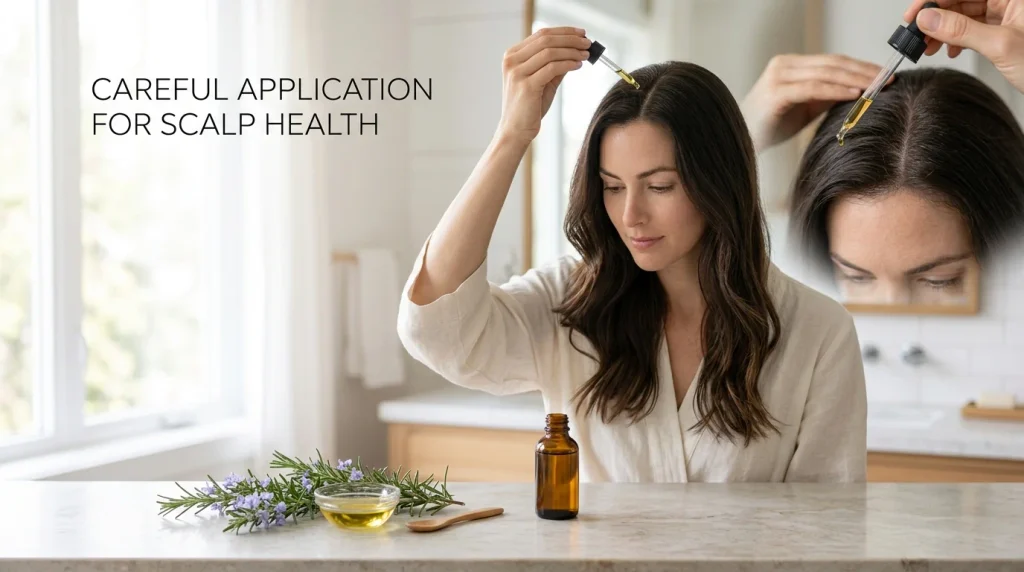Woman carefully applying diluted rosemary hair oil to her scalp with a dropper.