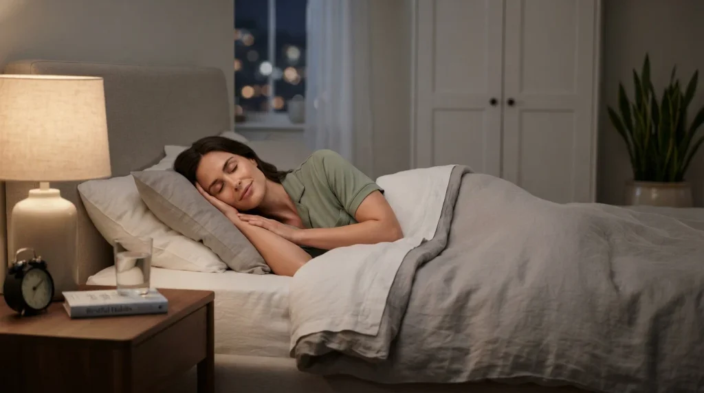 Adult resting in a comfortable bedroom to support exercise recovery