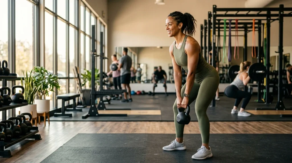 Woman practicing functional strength exercises in a gym