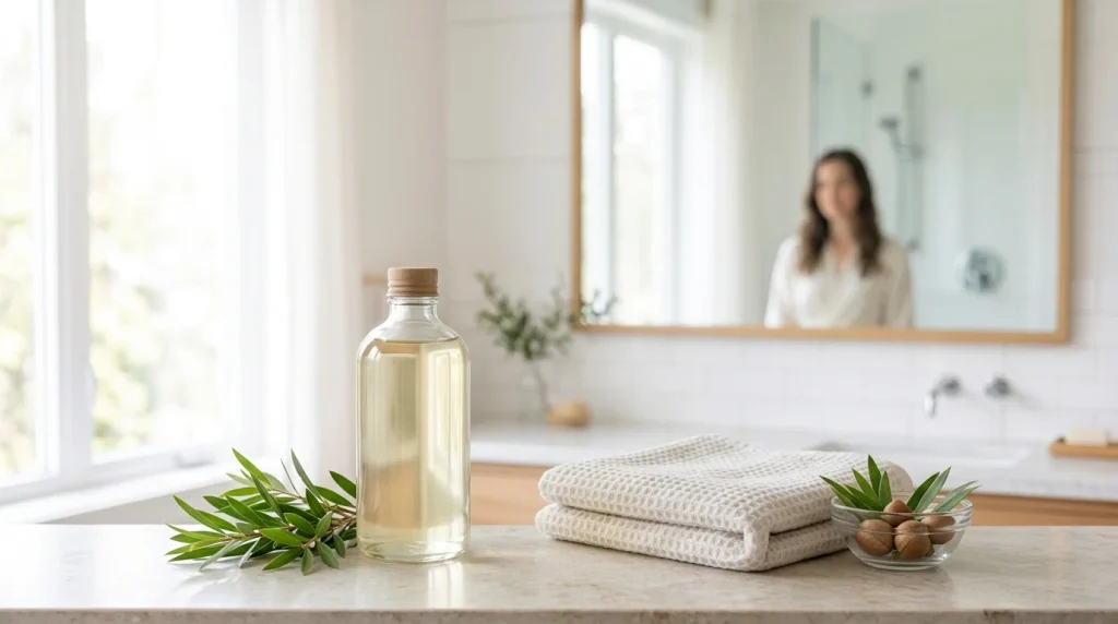 Tea tree oil shampoo and fresh tea tree leaves shown as part of a dandruff-focused scalp-care routine.