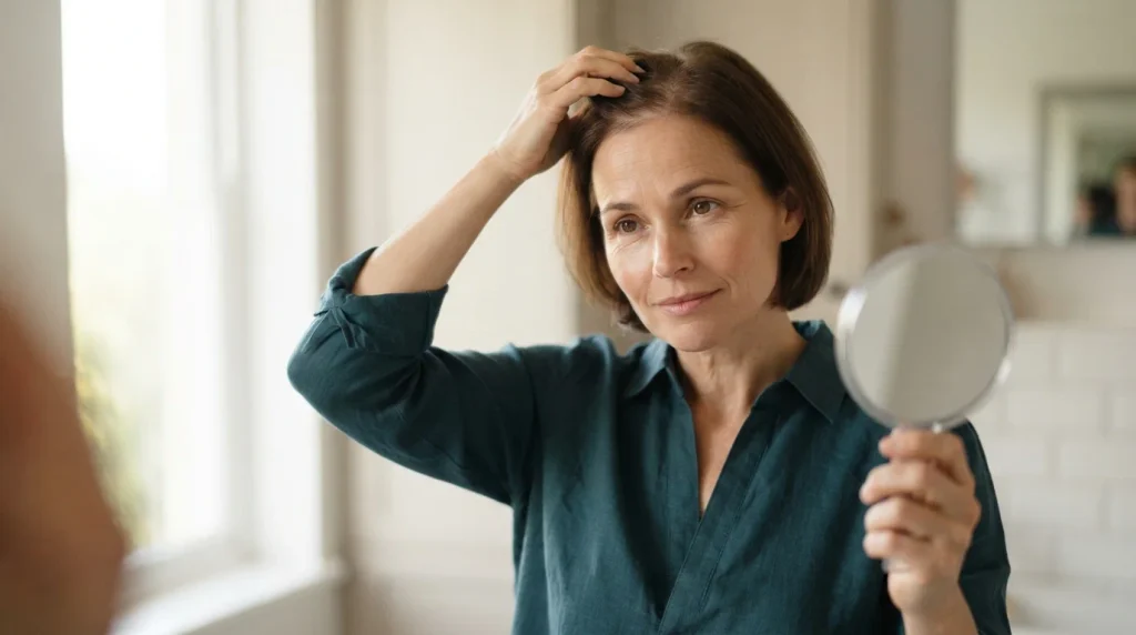 Person reflecting on changes in appearance related to hair loss