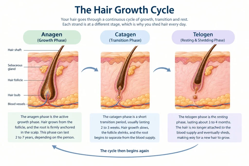 Illustration showing the three stages of the hair growth cycle