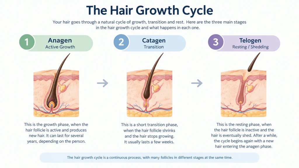 Diagram showing the three stages of the hair growth cycle: anagen, catagen and telogen