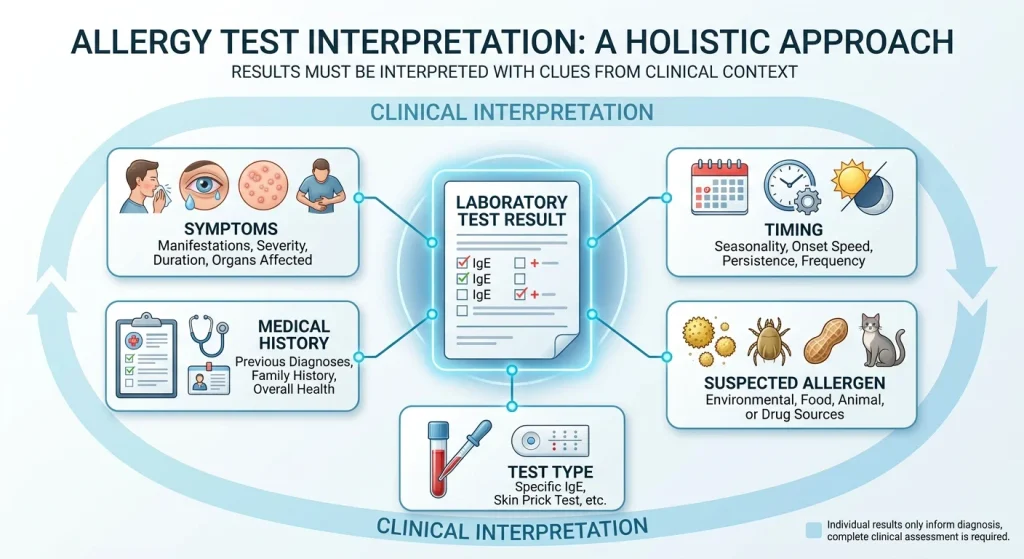 Educational diagram showing why allergy test results should be interpreted with clinical history