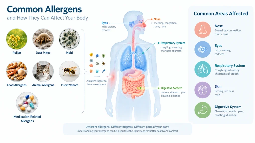 Illustration showing common allergens and the body's immune response