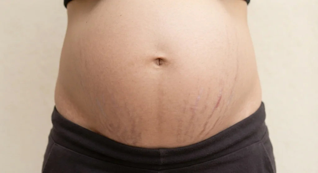 Close-up of subtle pregnancy stretch marks on a pregnant abdomen