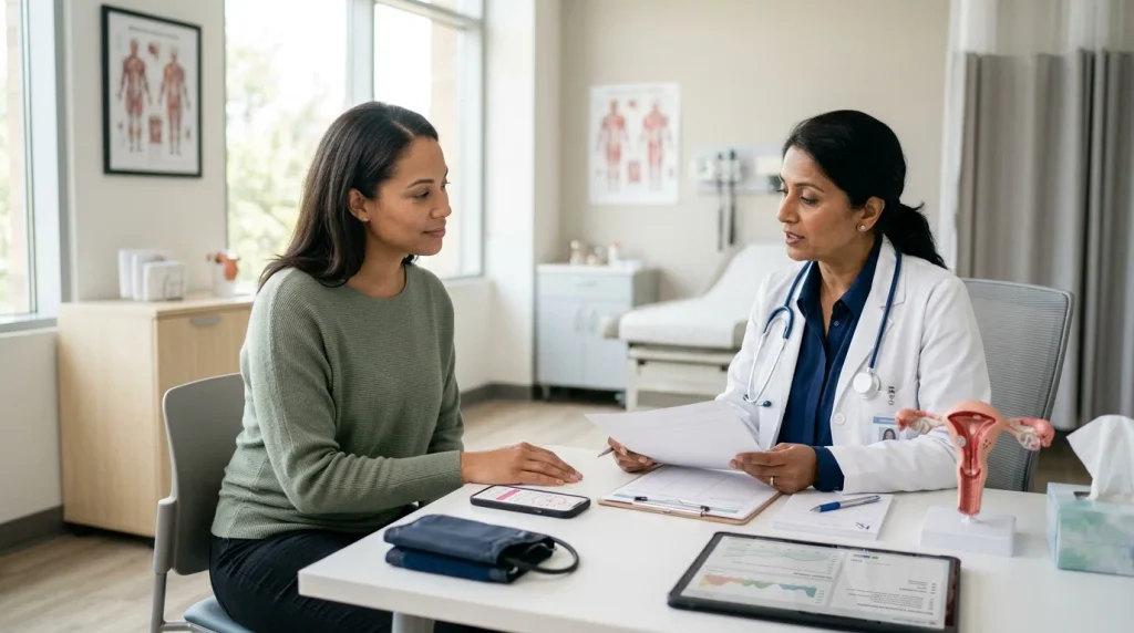 Woman discussing PCOS symptoms and health concerns with a healthcare professional