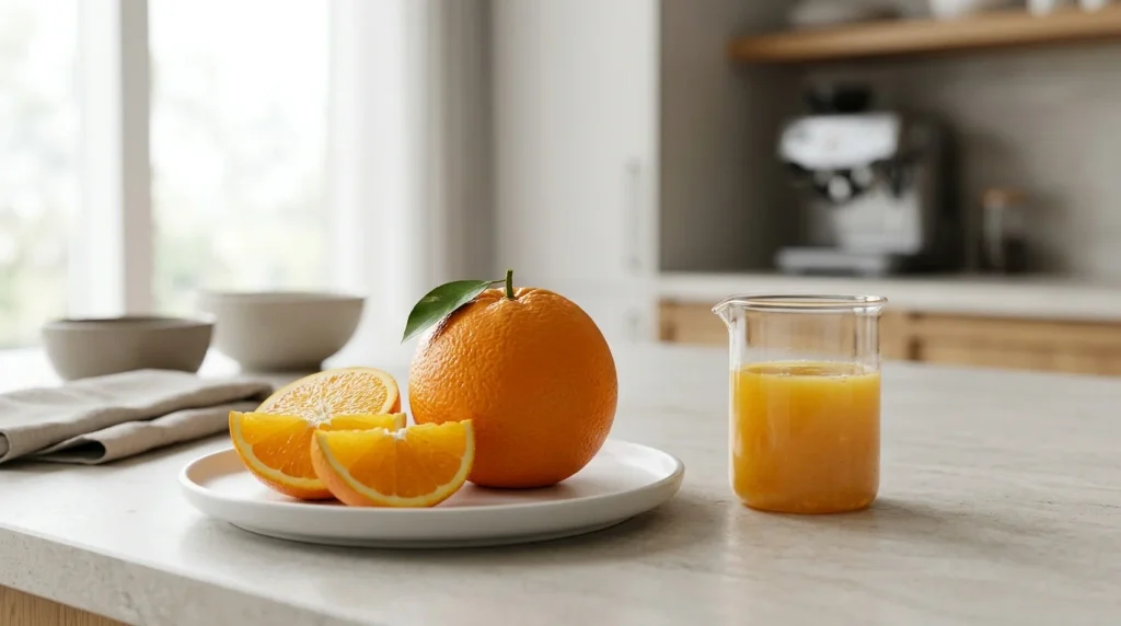 Whole orange and fresh orange juice showing the difference between whole fruit and juice