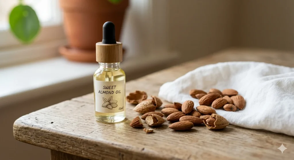 Clear glass bottle of sweet almond oil with dropper next to raw whole almonds and almond shells on white cloth