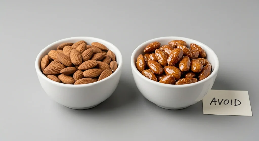 Comparison of raw almonds versus sugar-coated candied almonds showing healthy choice for weight loss