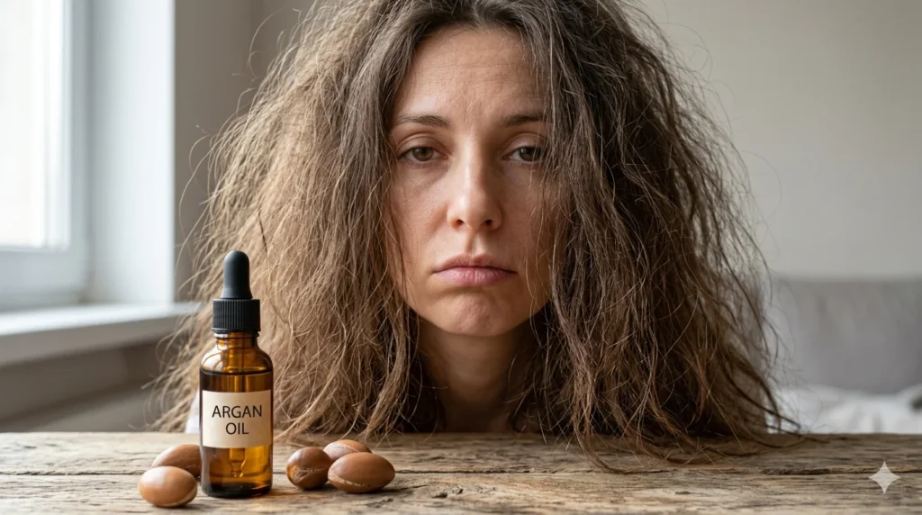 Woman with dry frizzy brown hair before treatment with argan oil bottle and argan nuts in foreground