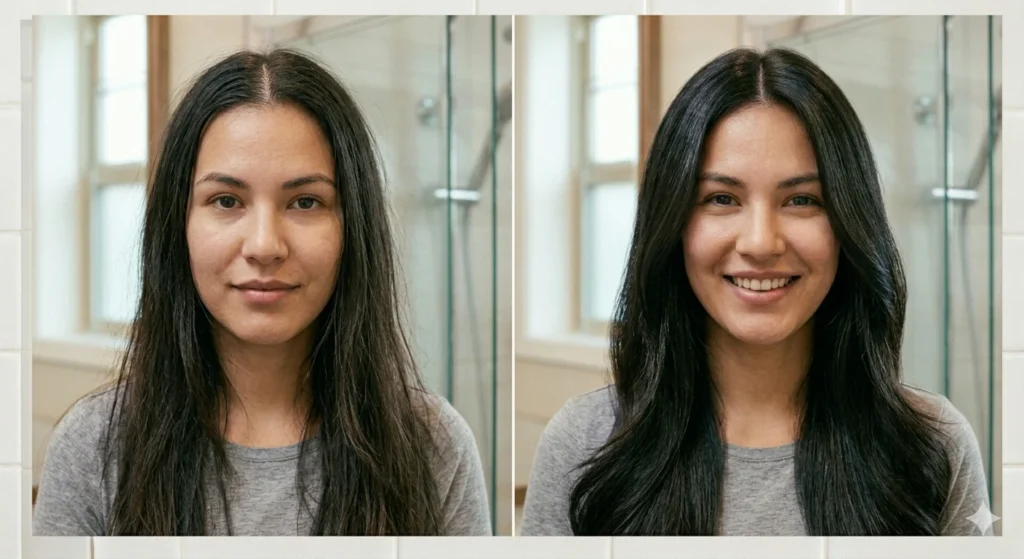 Before and after split photograph showing dry thin hair transformed to thicker shinier healthier hair after using best oils for hair growth