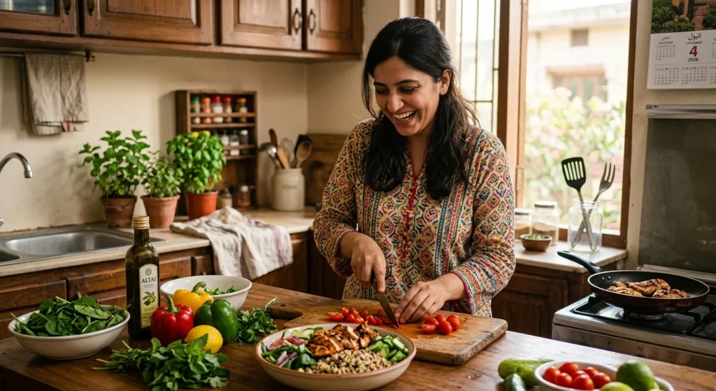 Happy person preparing a meal with fresh vegetables, grilled chicken, and quinoa in a home kitchen