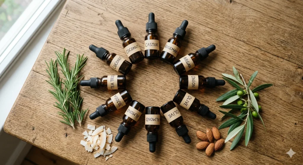 Nine amber glass dropper bottles of the best oils for hair growth arranged on a wooden table with rosemary, almonds, and olive leaves