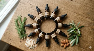 Nine amber glass dropper bottles of the best oils for hair growth arranged on a wooden table with rosemary, almonds, and olive leaves