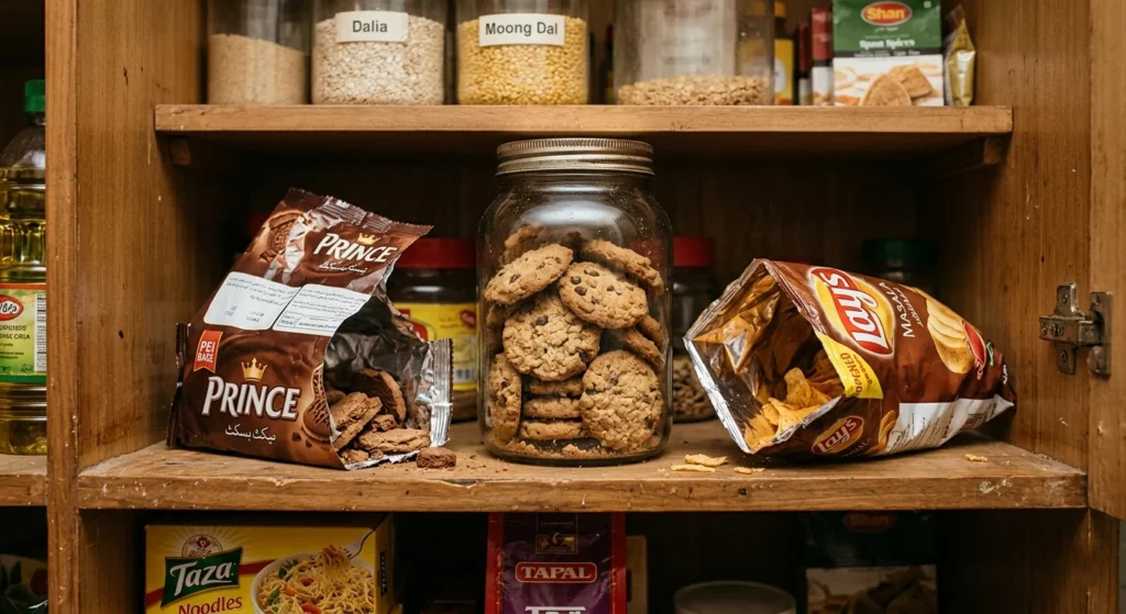 Open pantry shelf showing biscuits, cookies in a jar, and an opened bag of potato chips in a realistic home setting
