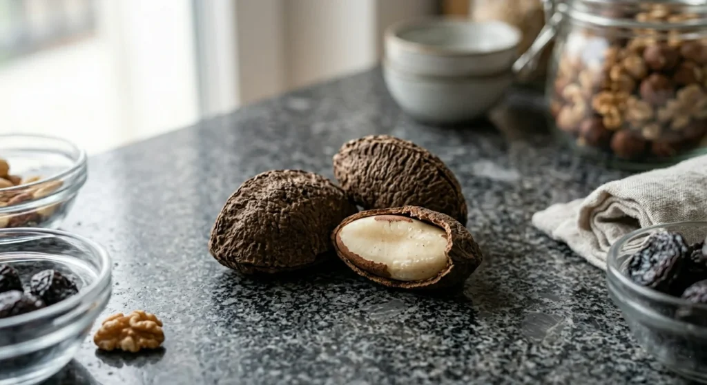 Two Brazil nuts on a granite surface for selenium and thyroid support