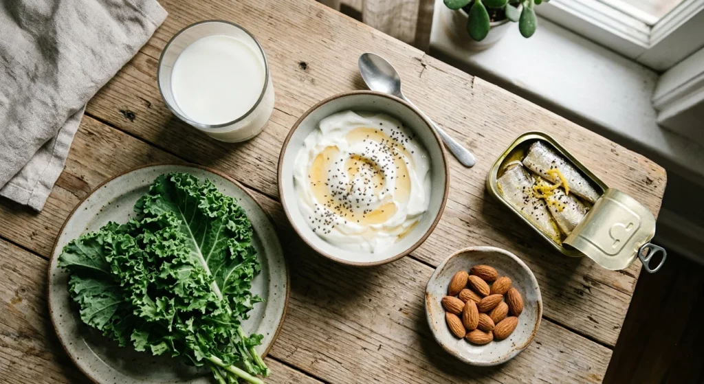 Flat lay of milk, yogurt, kale, almonds, and sardines – calcium is one of the top essential nutrients women need after 40 for bone health