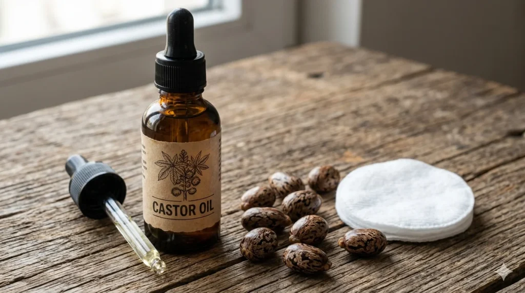Dark amber glass bottle of castor oil with dropper next to raw castor beans and cotton pad on wooden surface