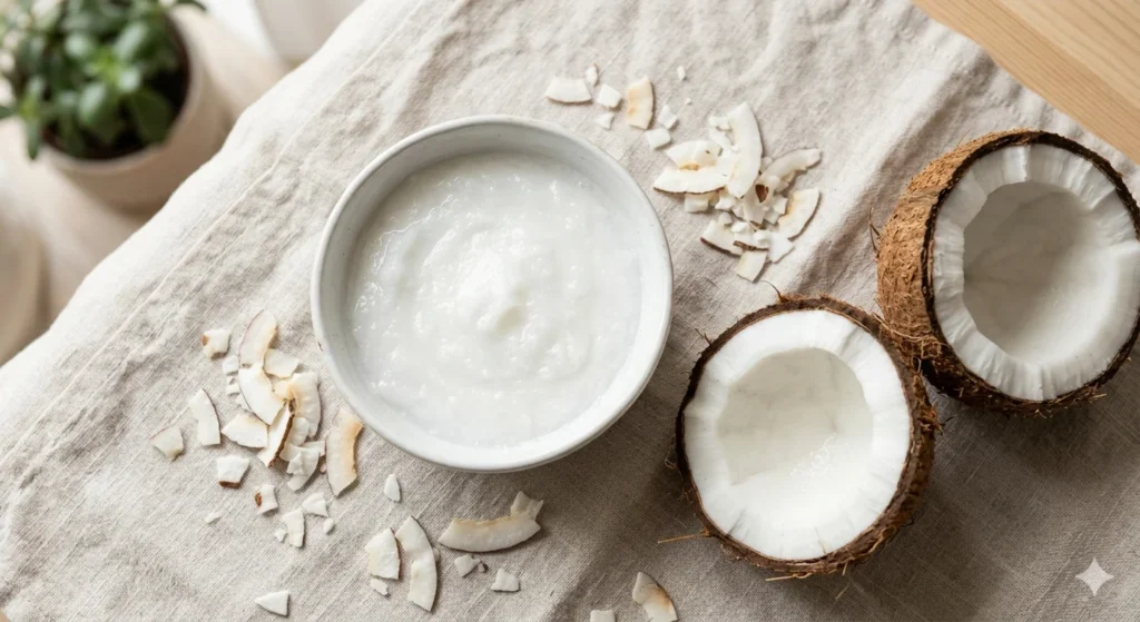 White ceramic bowl of virgin coconut oil with fresh split coconuts and coconut flakes on linen cloth