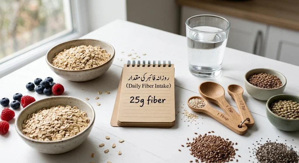 Flat lay of measuring spoons, a notebook with 25g fiber written, berries, oats, and lentils on a white table