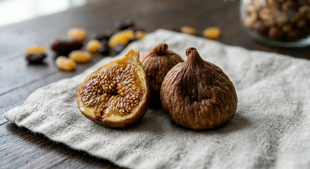 Dried figs sliced open showing seeds and flesh for digestive health and satiety