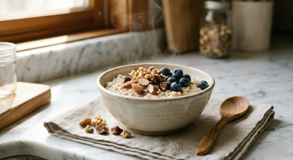 Healthy oatmeal breakfast bowl topped with almonds walnuts and dried figs for weight loss diet