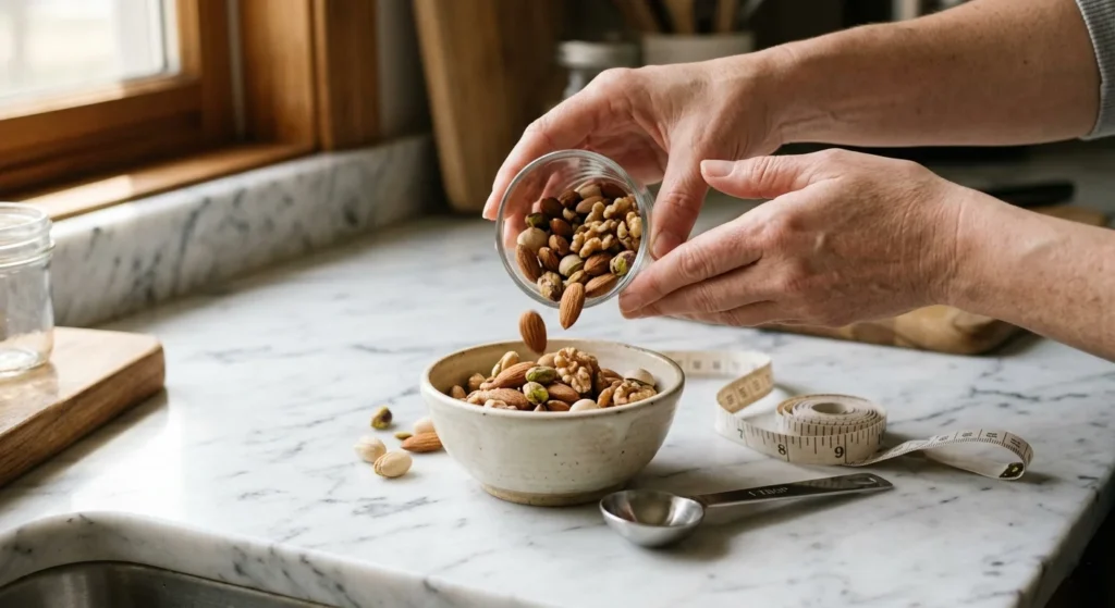 Small glass bowls of mixed nuts and dried fruits with a measuring tape showing portion control for weight loss