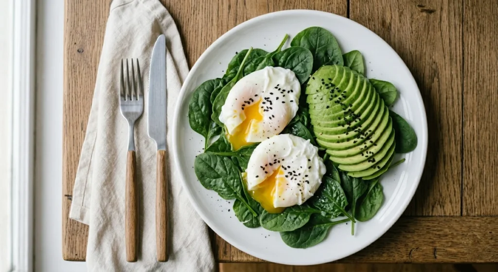 A white plate with two poached eggs, sliced avocado, and fresh spinach leaves