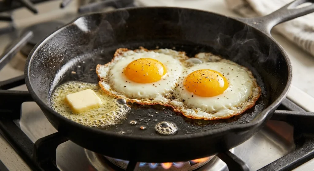 Two fried eggs on a cast iron skillet with egg whites and bright yellow yolks