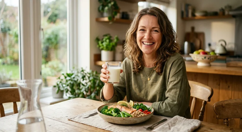 Woman over 40 smiling with salmon and vegetables – essential nutrients women need after 40 for energy and bone health