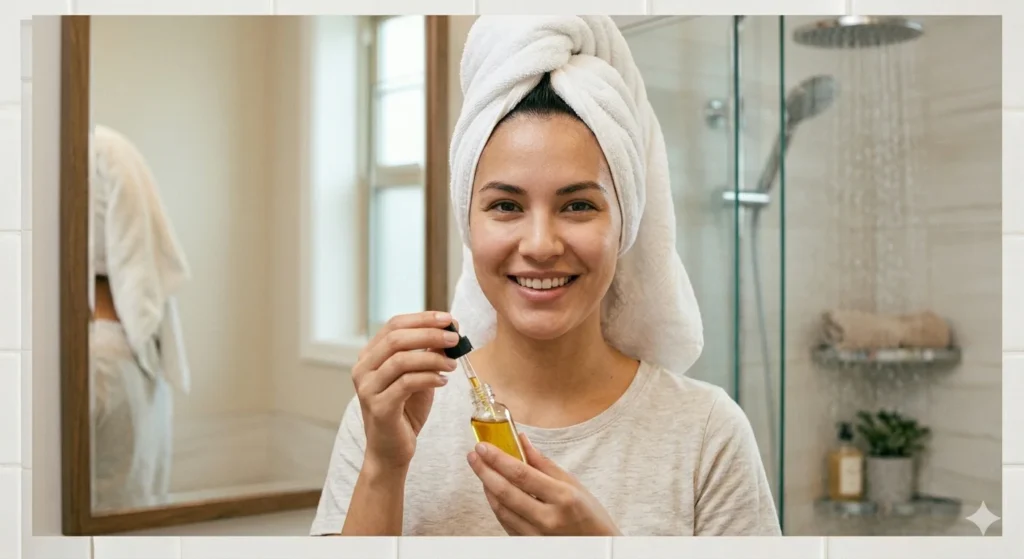 Calm woman with towel wrapped on wet hair holding a small dropper bottle of oil and smiling naturally