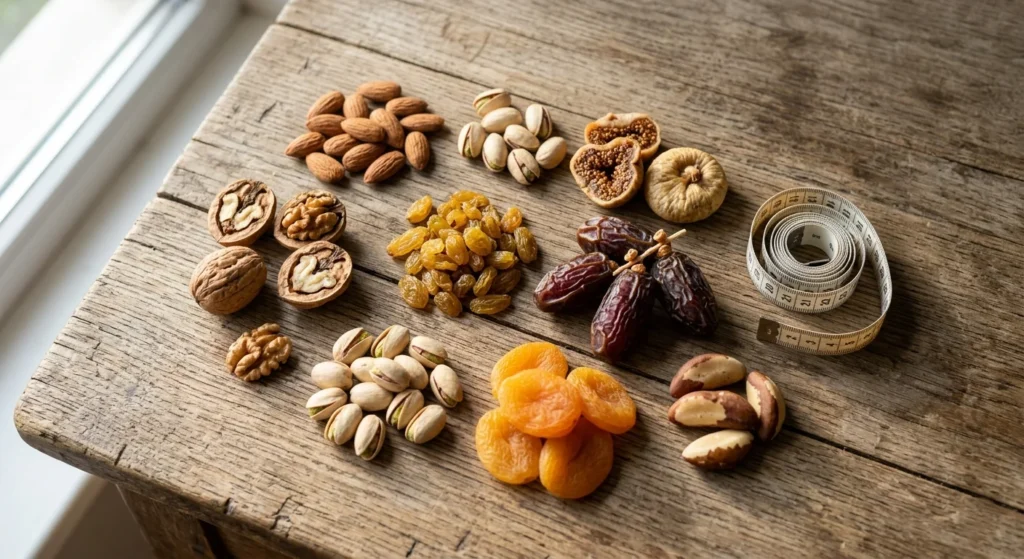 Assortment of best dry fruits for weight loss including almonds walnuts pistachios and dates on wooden table