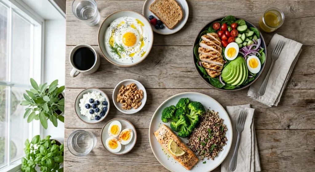 Full day of meals including eggs, chicken salad, salmon with broccoli, and snacks – a practical way to get all essential nutrients women need after 40